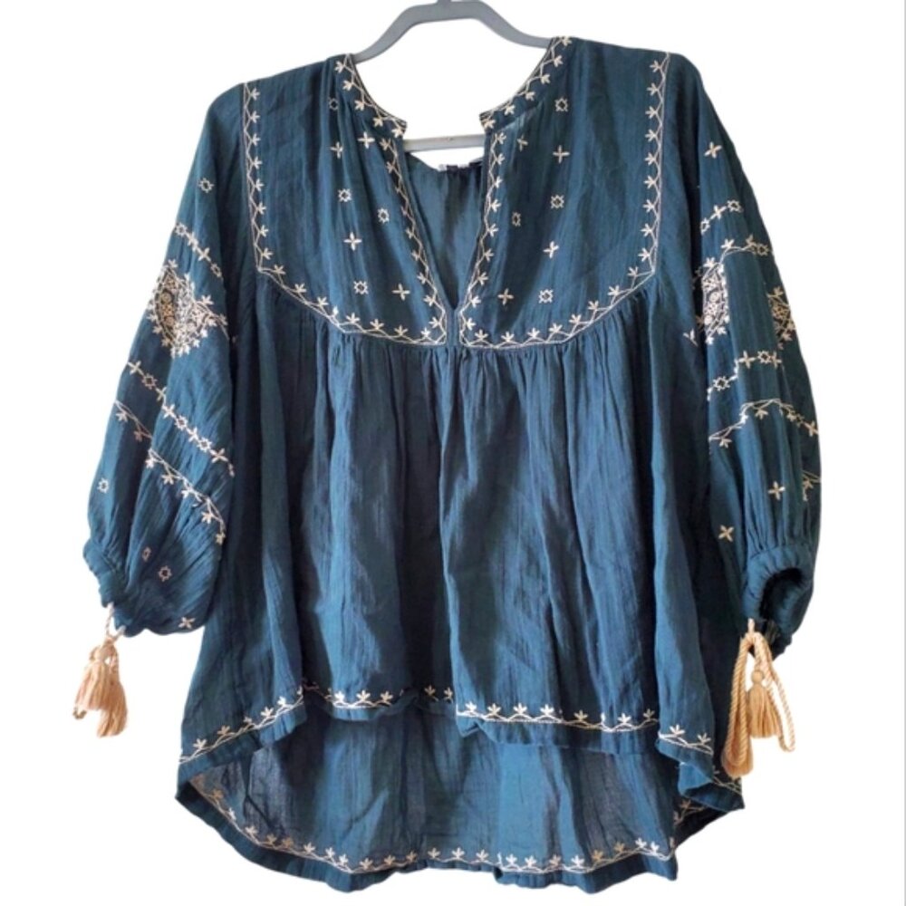 Lucky Brand Blue Embroidered Blouse